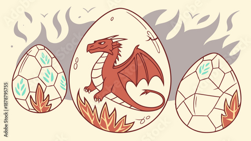 Red Dragon Hatching from Magical Egg Fantasy Illustration for Gaming Web Design or Fantasy Book Cover Art