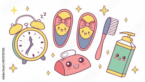 Cute Kawaii Morning Routine Icons for Bedtime Hygiene and Wake Up Schedule Design Elements