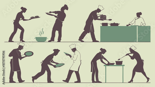 Diverse Chefs Preparing and Serving Food in Professional Kitchen Silhouettes for Restaurant Menu Design and Culinary Websites