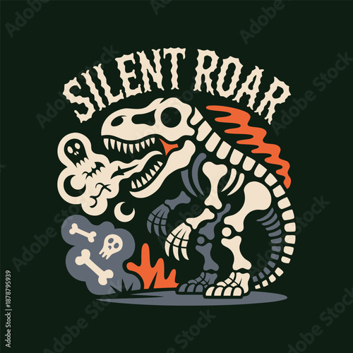 Dinosaur skeleton with fire and smoke in retro style