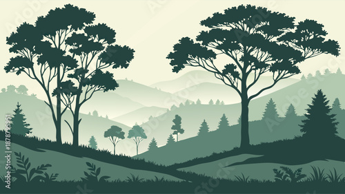 Serene Forest Landscape Backdrop for Nature Websites Eco Brochures Calm Mountain Layers for Environmental Design Projects