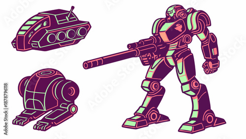 Futuristic Military Mechs and Tank Assets for Sci-Fi Game Design Web Banners and Tech Illustrations