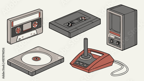 Retro Gaming and Audio Media Collection Isometric Icons for Nostalgia Web Design and Tech History Projects