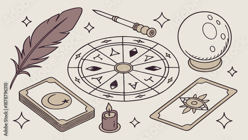 Mystical Occult Tarot Cards Crystal Ball Astrology Wheel for Fortune Telling Magic Ritual Design Element