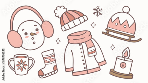Cozy Winter Holiday Icons Set Cute Snowman Ear Muffs Scarf Coat Sledding for Seasonal Greeting Cards Web Design Warmth