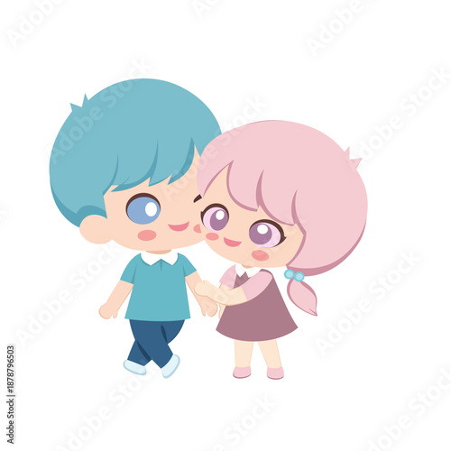 Adorable pastel couple illustration in kawaii cartoon style. Sweet romantic scenes suitable for Valentine designs, love concepts, greeting cards, stickers, and modern flat illustrations.