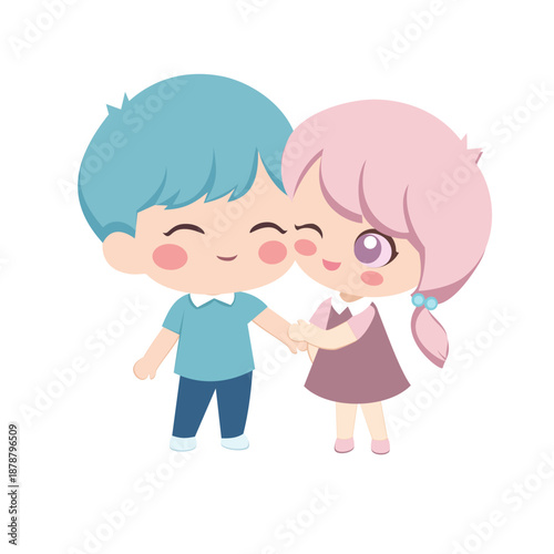 Adorable pastel couple illustration in kawaii cartoon style. Sweet romantic scenes suitable for Valentine designs, love concepts, greeting cards, stickers, and modern flat illustrations.