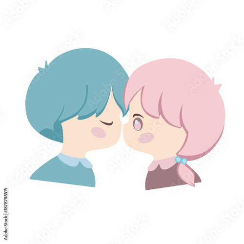 Adorable pastel couple illustration in kawaii cartoon style. Sweet romantic scenes suitable for Valentine designs, love concepts, greeting cards, stickers, and modern flat illustrations.