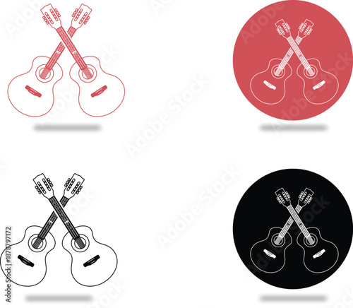 ICONS Two acoustic guitars crossed simple outline vector illustration for music concepts isolated on white background with shadow