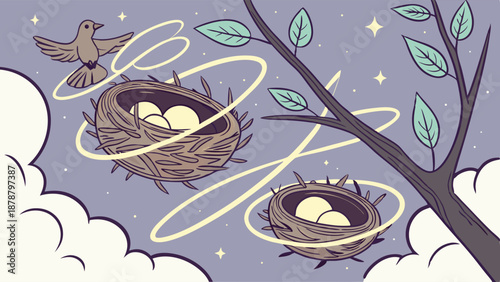 Bird Nests with Eggs Floating in Night Sky Representing Growth Investment Security and Family Planning for Web Design