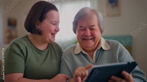 Joyful intergenerational connection: A young woman and an elder happily sharing content on a tablet