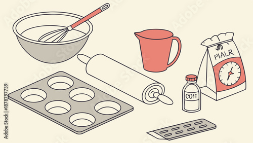 Baking Supplies Flat Lay for Recipe Blog Website Design Home Cooking Illustration Perfect for Holiday Baking Promotion
