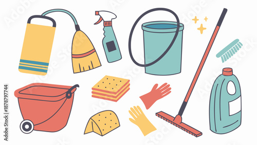 Cleaning Supplies Set Mop Bucket Gloves Duster for Housekeeping Service Website Design Spring Cleaning Promotion