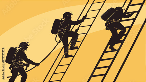 Miners or Rescue Workers Ascending Vertical Ladders with Safety Gear for Industrial Ascent and Teamwork Success