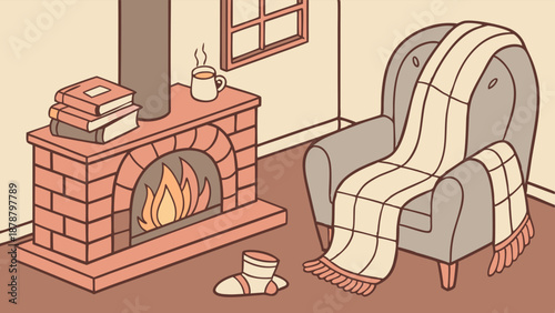 Cozy Winter Reading Nook Scene Cozy Fireplace Armchair and Warm Blanket for Hygge Home Decor Website Blog Post Illustration