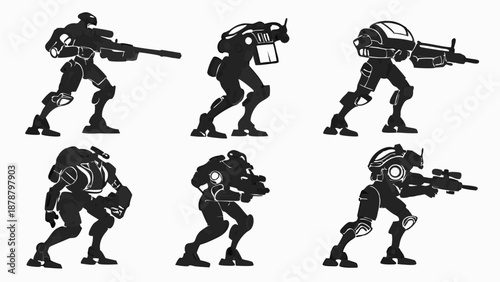 Futuristic Soldier Robot Silhouettes for Sci Fi Game Assets Military Web Design Action Visuals
