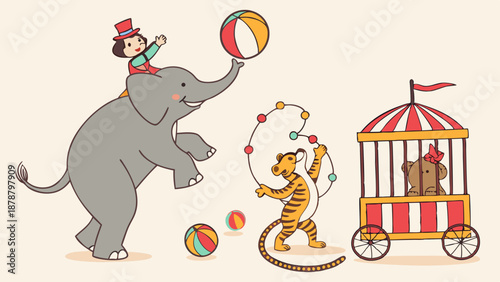 Joyful Circus Performance with Elephant Rider Tiger Juggling and Caged Monkey for Children's Entertainment Design