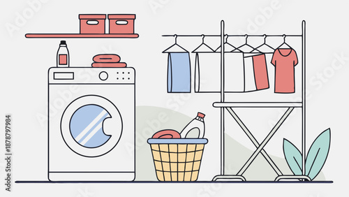 Modern Laundry Room Interior with Washing Machine Clothes Basket and Drying Rack for Home Cleaning Service Websites