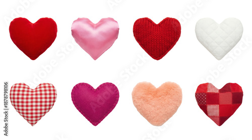 Stuffed fabric heart set including velvet, satin, knitted, quilted, gingham, felt, faux fur, and patchwork styles isolated. Valentine Day and romantic craft collection.