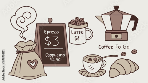 Cozy Coffee Shop Menu Icons with Espresso Latte Cappuccino Moka Pot for Cafe Promotion Design
