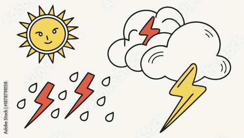Doodle Weather Icons Set Sun Rain Lightning Storm Cloud Forecast Design Element For Kids App Education Website