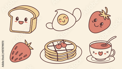 Cute Kawaii Breakfast Food Icons for Cafe Menu Design Happy Morning Brunch Web Graphics