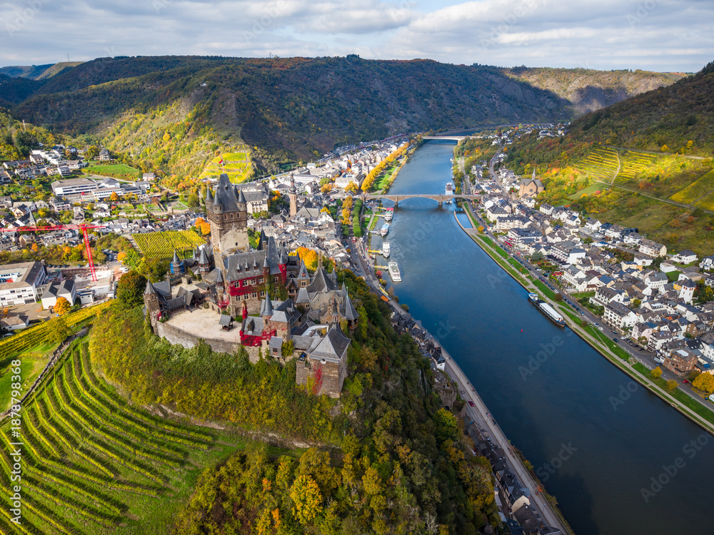 Fototapeta premium Aerial view of Reichsburg castle at Cochem town with at the moselle river in Germany. Europe