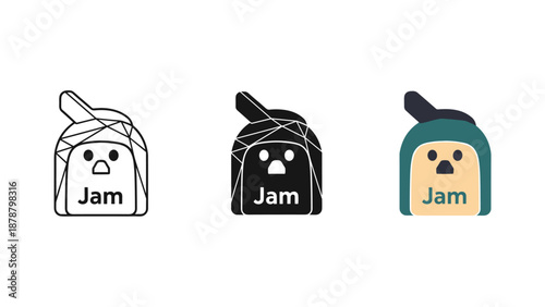 Three cute jam jar cartoon characters in black white and teal on white background