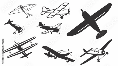 Vintage Aircraft Silhouette Collection for Aviation History Design Projects and Travel Web Graphics