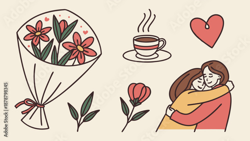 Romantic Valentine Hug Couple Flowers Coffee Heart Icons for Greeting Card Design Web Banner Love Celebration