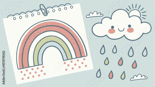 Cute Pastel Rainbow Drawing and Smiling Cloud Rain Illustration for Childrens Nursery Decor Website Background Design