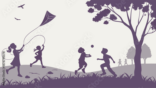 Children Flying Kites and Playing Ball Outdoors Summer Park Silhouette Joyful Childhood Recreation for Website Banner Design