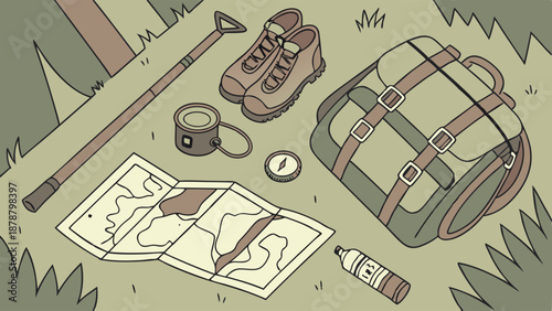 Hiking and Camping Gear Map Compass Backpack Boots for Outdoor Adventure Travel Planning Illustration