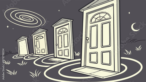 Sequential Doors Leading to Opportunity Choice Decision Pathway Night Sky Mystery for Career Growth and Future Planning