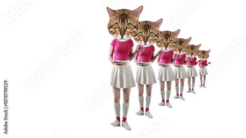 Promo video. Cat headed girl playing tennis isolated on white background. Concept of sports training routine, performance consistency, fashion ads, fitness marketing, and playful sports promo.