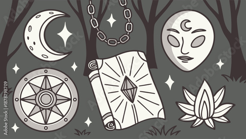 Mystical Occult Elements for Witchcraft Spells Rituals Magic Book Mask Compass Design for Spiritual Branding and Esoteric Websites