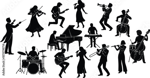 Black silhouette musicians performing with various instruments including guitar piano drums violin trumpet singer orchestra band concert music illustration jazz classical stage ensemble