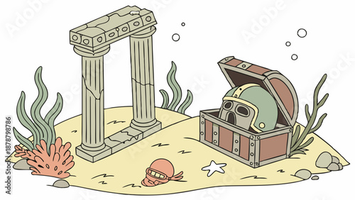 Underwater Treasure Chest with Ancient Ruins and Helmet for Game Design Adventure Website Background