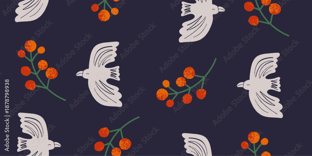 Obraz premium Festive Hand-Drawn Birds and Berries Pattern