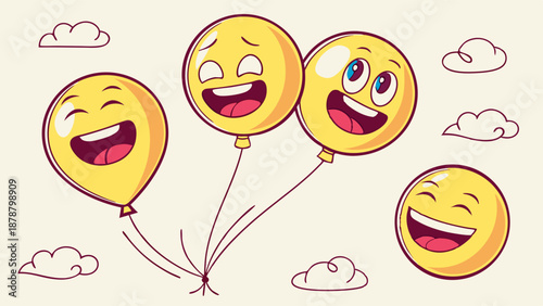 Joyful Emoji Balloons Floating Upward for Party Celebration Fun Website Design or Social Media Post