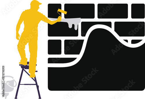 ICONS Painter silhouette on ladder painting a brick wall with white paint representing renovation and construction concept vector illustration