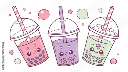 Cute Kawaii Bubble Tea Drinks Vector Illustration for Cafe Menu Design Sweet Dessert Beverage Promotion