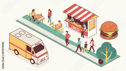 Isometric Food Truck Street Food Vending Scene with Customers Eating Outdoors for Urban Dining and Mobile Cuisine Design
