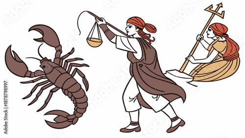 Astrology Zodiac Signs Scorpio Libra Balance Justice Mythological Figures Weighing Fate for Horoscope Design