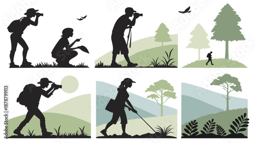 Outdoor Adventure Silhouettes Hikers Bird Watching Photography Exploring Nature for Travel Websites and Eco Tourism Brochures