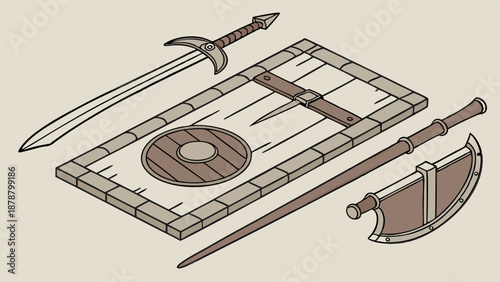Medieval Warrior Gear Set Sword Shield Axe Isolated Isometric Illustration for Game Design Asset or History Project