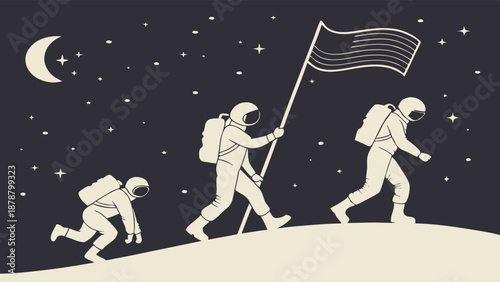 Astronauts Planting American Flag on Moon Surface for Exploration Achievement and National Pride Website Banner