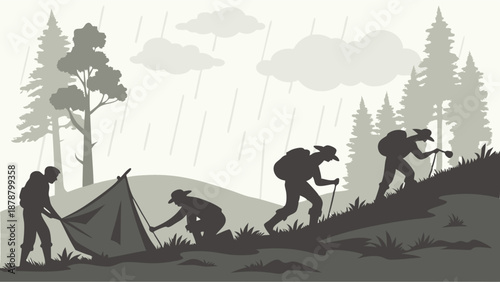 Hikers Setting Up Tent During Heavy Rainstorm for Outdoor Adventure Travel and Camping Website Illustration
