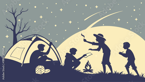 Silhouette of Children Camping Under Starry Night Sky Telling Stories By Campfire For Outdoor Adventure Vacation Design