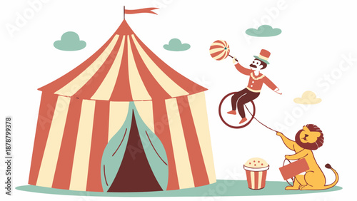 Vintage Circus Tent Performance with Ringmaster on Unicycle and Trained Lion for Entertainment Promotion Design
